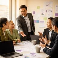 Singapore business strategist reviewing a growth plan with a leadership team