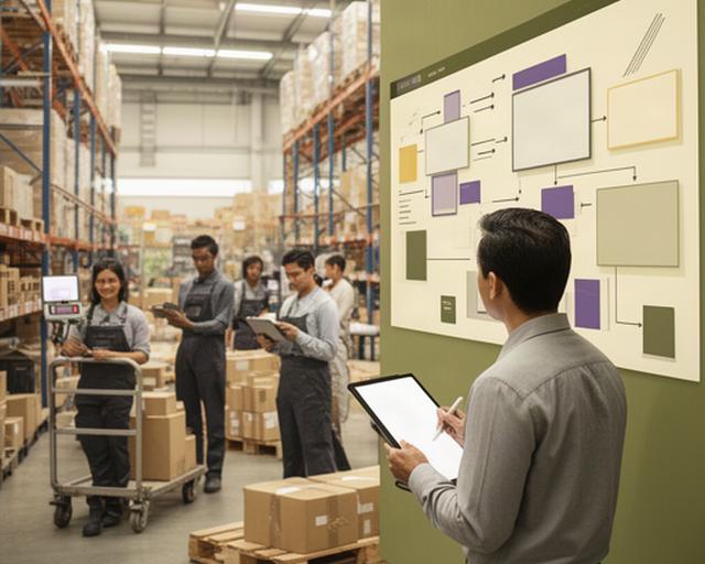 Operations manager reviewing workflow boards beside a busy Singapore warehouse team